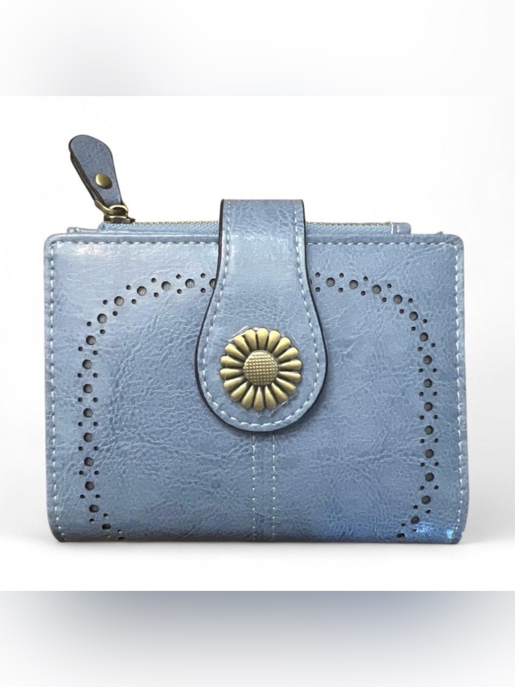 Sendefn Boho Leather Blue Gold Sunflower Daisy Accent Bifold - Zipper Snap Close